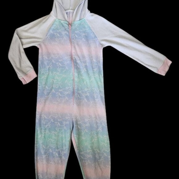 SO Blue Green Unicorn Print Hooded One Piece Fleece Pajamas Girls Size 4 - Picture 2 of 5